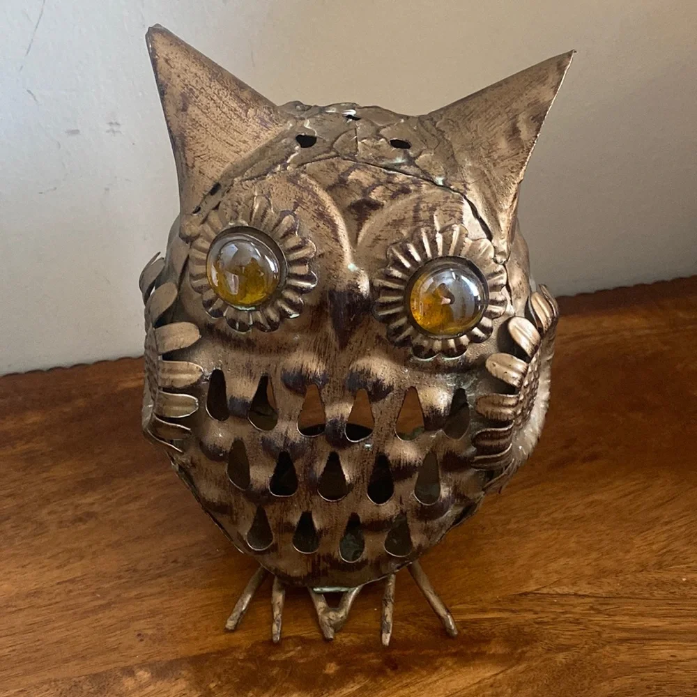 Vintage Pier 1 Rustic Gold Bronze Owl Tealight Candle Holder 7”